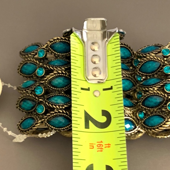 Peacock turquoise blue gold tone filigree vintage/boho stretch cuff bracelet - Picture 12 of 12